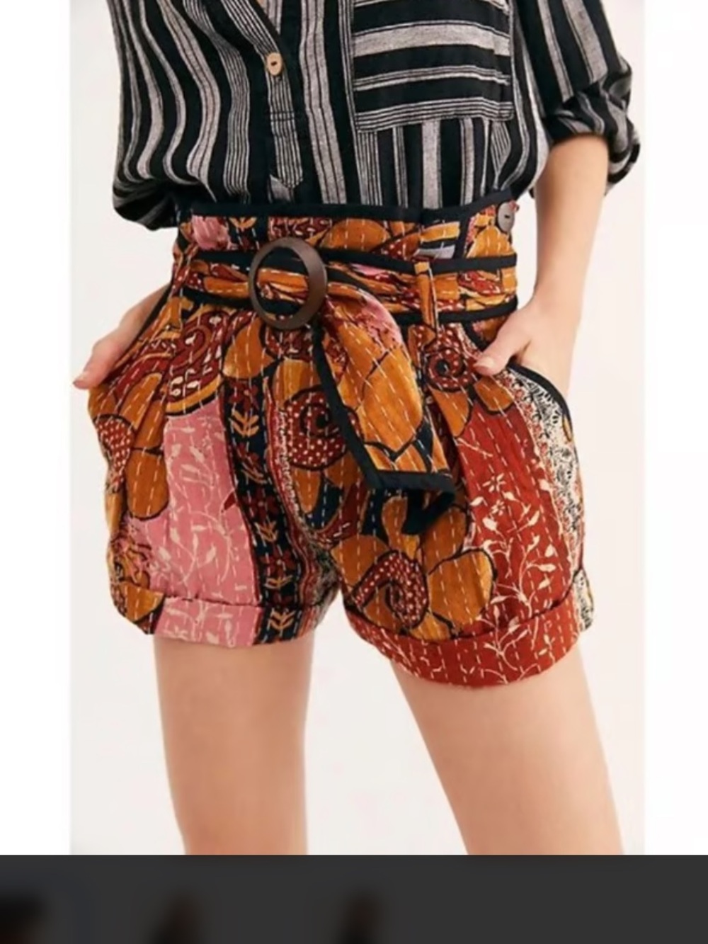 Free People High-Waist Patchwork Floral Belted Shorts - Pink, Rust, Mustard